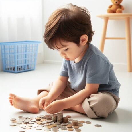 Malé dítě sedí na zemi a hraje si s penězi.
