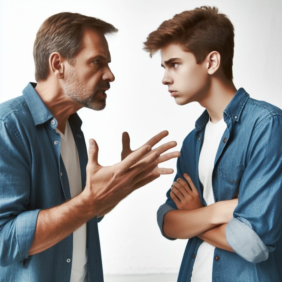 Otec se zlobí na pubertálního syna. Snaží se ho přesvědčit o svém pohledu na situaci.
